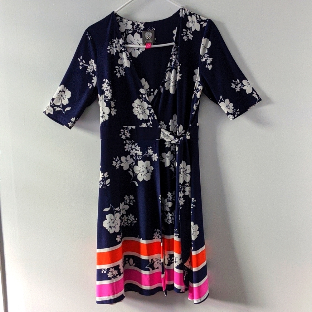 Women's Vince Camuto Wrap Dress Floral Blue Stretch A-Line Size 6